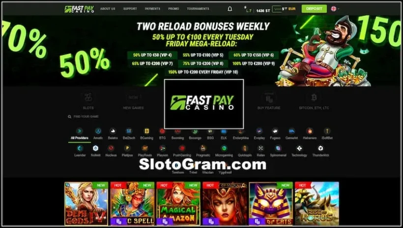 Бонусы на повторный депозит каждый вторник и четвергв FASTPAY Casino есть на фото.