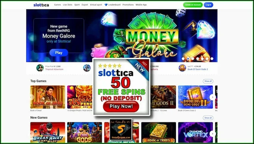 Slottica کیسینو کا جائزہ اور کوئی ڈپازٹ بونس (60 اسپنز) تصویر میں ہیں۔