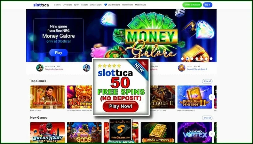 Slottica کیسینو کا جائزہ اور کوئی ڈپازٹ بونس (60 اسپنز) تصویر میں ہیں۔