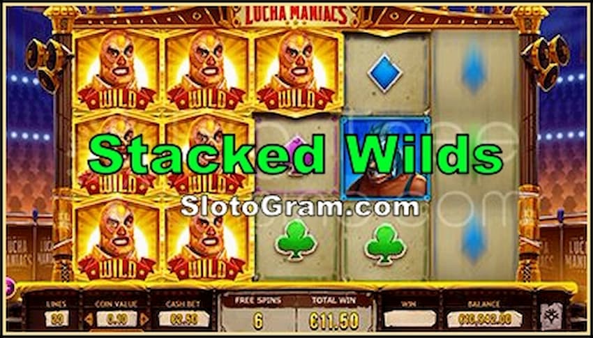Lea reseñas de tragamonedas de casino y obtenga un bono sin depósito 3 Símbolos apilados Wilds en las máquinas tragamonedas de casino en línea está en la foto.
