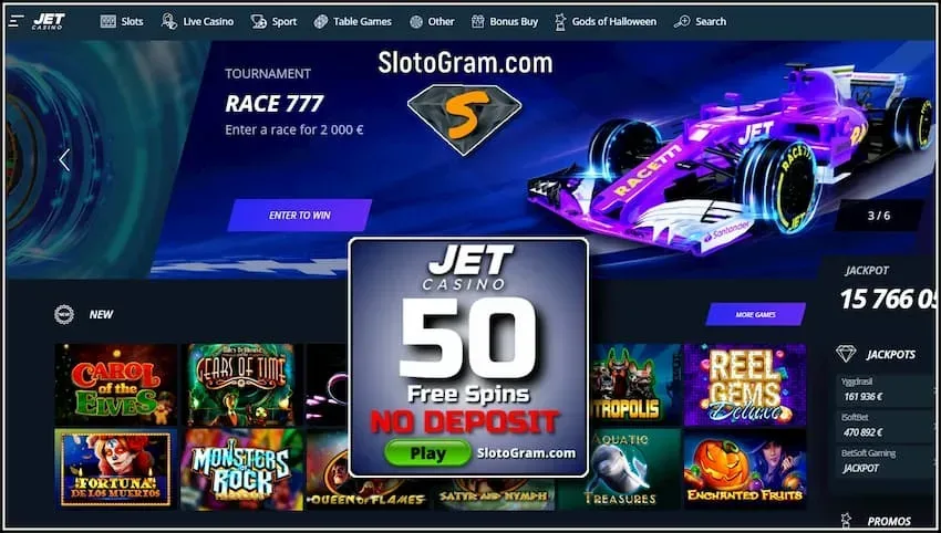 Casino Review JET og 100 gratis spins til registrering er på billedet.