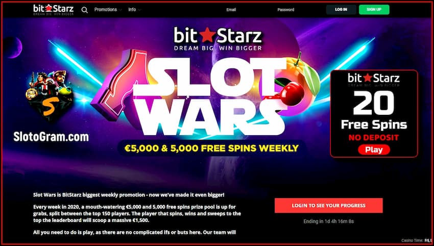 20 Бесплатных Вращений Без Депозита В Крипто Казино BitStarz! 5 Еженедельный турнир Война Слотов с ценными призами и бесплатными вращениями в казино BitStarz есть на фото.