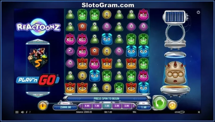 Reactoonz - tragamonedas de casino cuadrado (7x7) con 7 carretes de juego y 7 filas del proveedor Play'n GO hay una foto