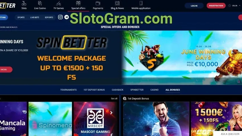 SpinBetter (Casino): 1500€ de bonificación + 150 giros gratis!
