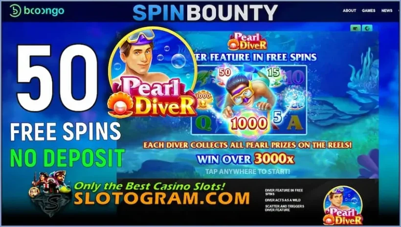 50 rrotullime pa depozitë në automat Pearl Diver në kazinotë e re SpinBounty ka një foto.