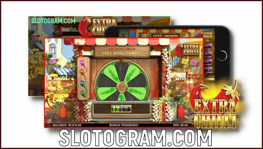 Wheel of fortune and free spins in the slot Extra Chilli. on the picture