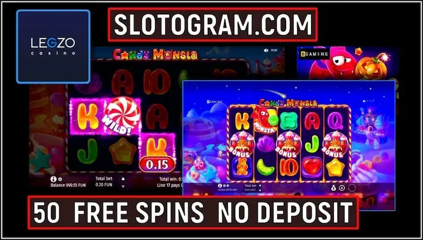 Обзор Слота Candy Monstra и 50 Вращений Без Депозита в Казино! 1 50 бесплатных вращений в соте Candy Monstra за регистрацию в казино Legzo на фото.