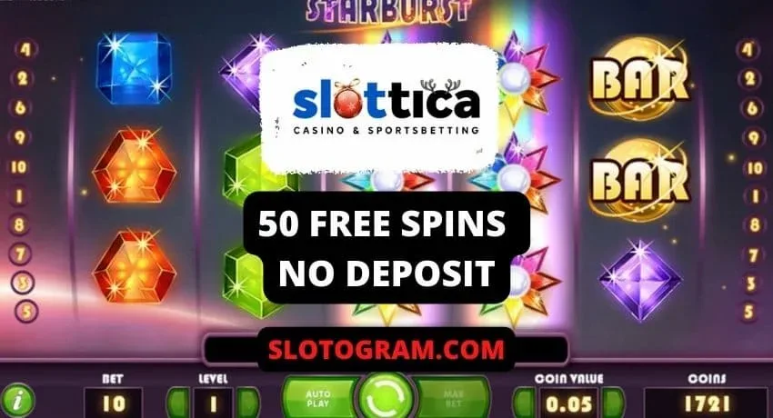 50 gratisspinn på spilleautomaten Starburst på kasinoet Slottica på bildet.