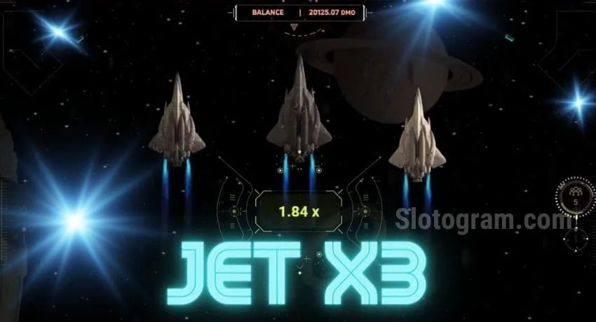 Screenshot JetX3 in which the spaceship narrowly avoids an explosion in a fiery space battle