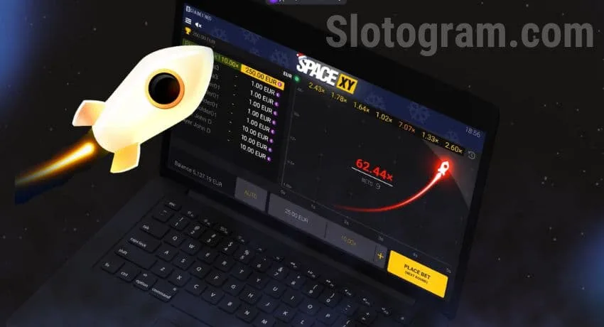 Как играть в Space XY, Крэш Игру от Bgaming для Онлайн Казино. 44 Логотип аварийной игры SPACE XY от BGaming для онлайн-казино, изображающий стилизованный ракетный корабль и название игры.